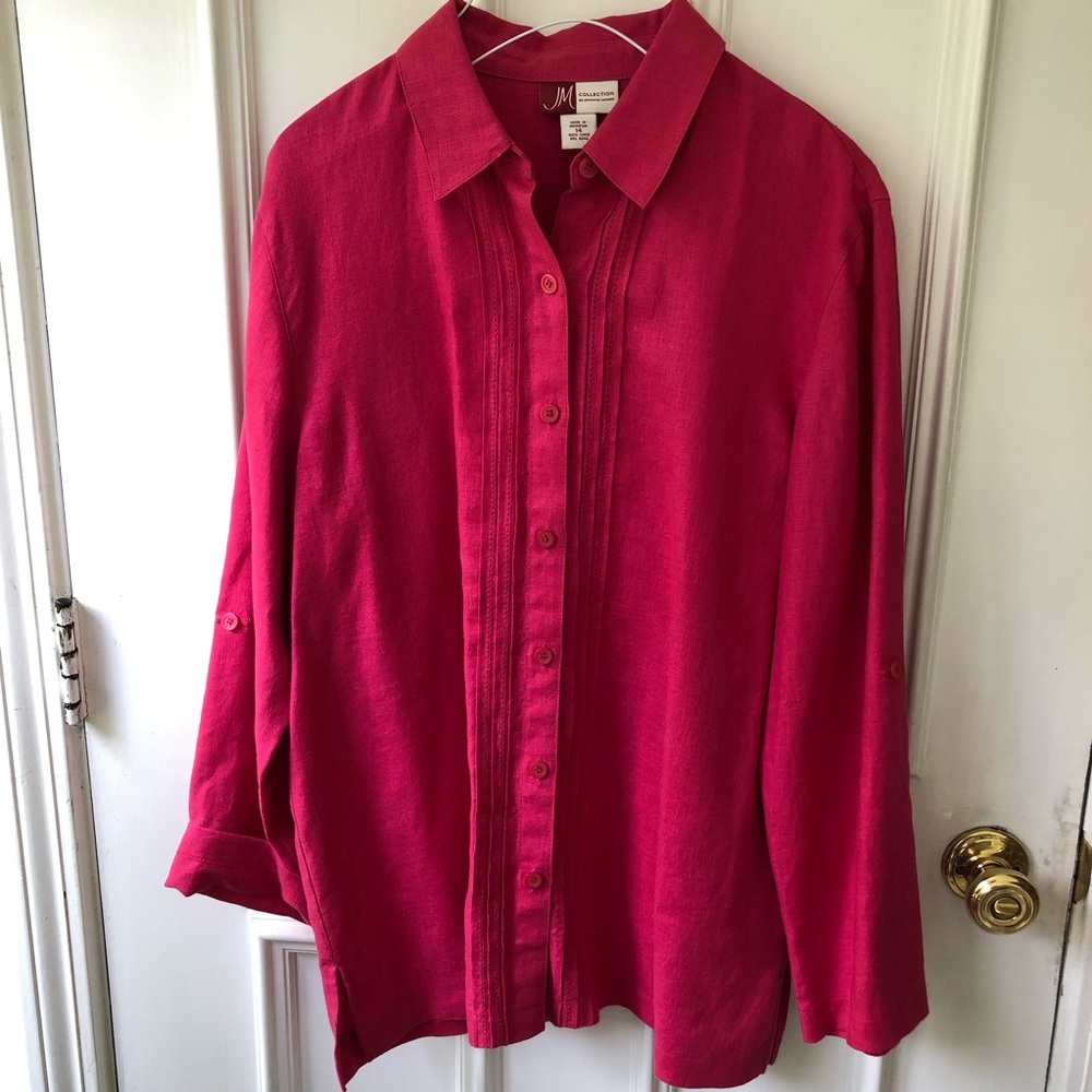 JM Collection by Jennifer Moore Linen Tunic Dark Pink 100% Linen Button Blouse